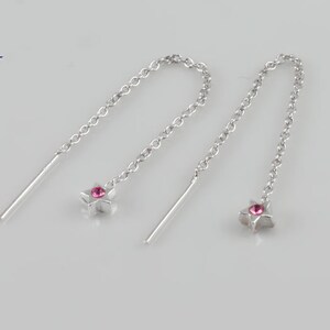 Gwintowane kolczyki z różowym gwiazda cz, srebro, łańcuch, delikatny, minimalistyczny, Star kolczyki, gwintowane Kolczyki wiszące, wiszące, SER309