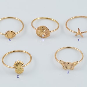Gold Filled Beach Theme Stackable Ring, Size 6, 7 and 8, Pineapple, Seashell, Sand Dollar, Starfish, Butterfly Rings, SR325