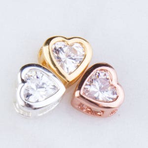 3pcs 6mm CZ Heart Slide, Jewelry Making Supplies, Cubic Zirconia Heart Charm,Dainty CZ in Sterling Silver, Gold and Rose Gold Plated 177LC