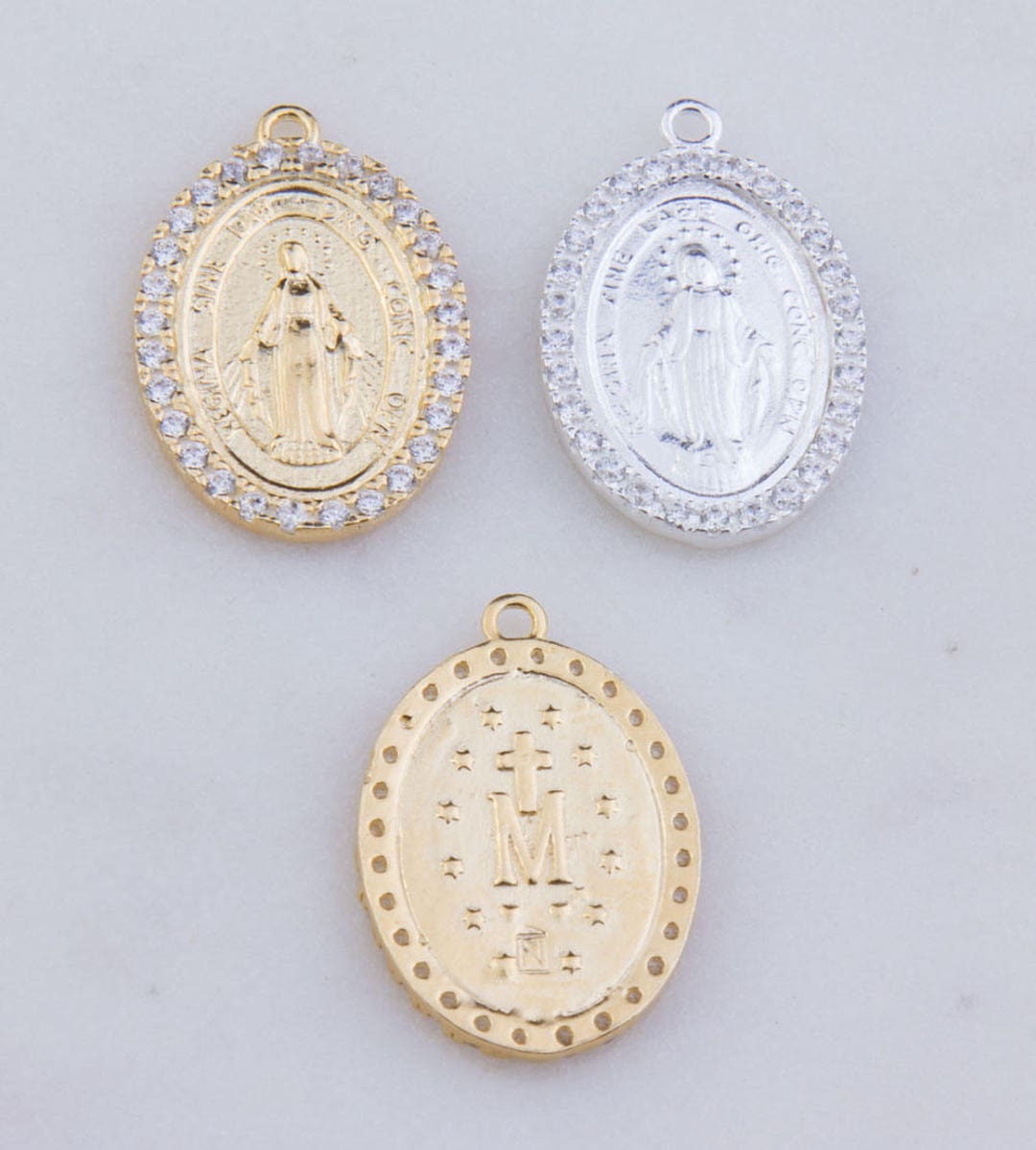 Virgin Mary Latin Oval Pendant With Czs in Sterling Silver, Gold Plated ...