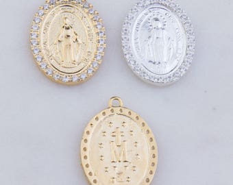Virgin Mary Latin Oval Pendant with CZs in Sterling Silver, Gold Plated OR Rose Gold Plated, Miraculous Medal Charm, Catholic Charms CM159R
