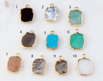 5pcs-Rectangle Gemstone Pendant Gold Edge, Gemstone Stone Pendant, Bracelet, Necklace, Earrings Link Connector Pendant, Stone Link CM94GC