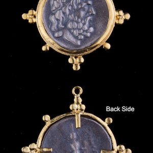 Roman, Greek Large Coin With Gold Bezel Pendant, Ancient, Two Tone Pendant Replica, Reversible Coin, Sterling Silver Coin, Vermeil- VC06