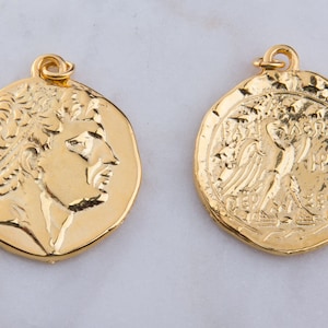 Roman/Greek Gold Plated Coin Pendant, Double Sided Gold Coin Pendant, Thick, Heavy Roman/Greek Coin Charm Pendant, Large Gold Coin VC57