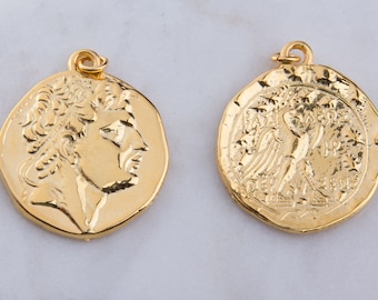 Roman/Greek Gold Plated Coin Pendant, Double Sided Gold Coin Pendant, Thick, Heavy Roman/Greek Coin Charm Pendant, Large Gold Coin VC57