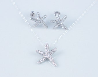 Starfish Pendant and Earrings Set, Sterling Silver Chain, Trendy, CZ, Ocean Lover Gift Set, Stud Post Earrings, Jewelry Gift Set, SSPD238