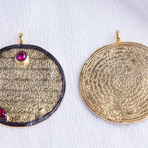 Large Ruby CZ Protection Prayer Gold Plated Silver Coin Pendant Replica, Coin Medallion, Ancient, Vintage, Round Disc -VC82