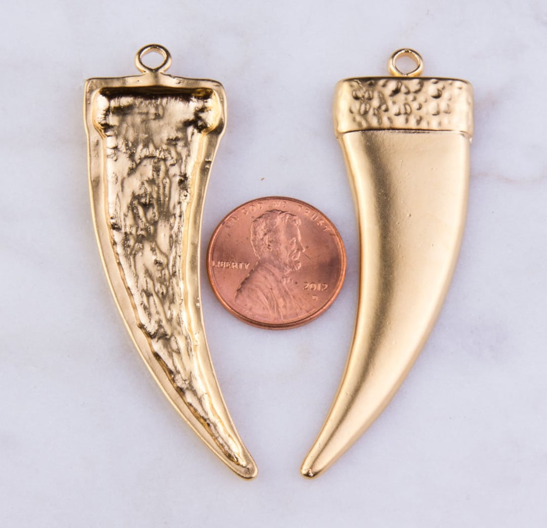 Large Gold Plated Over Tin Horn Pendant Animal Tusk Long Etsy