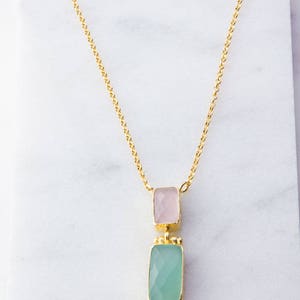 Rose Quartz and Chalcedony Vermeil Stone Chain Necklace, Simple Stone Necklace, Statement Necklace, Stone Necklace, Gemstone Necklace CM77GC