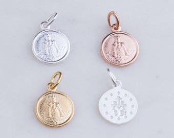 3pcs-Saint Round Pendant in Sterling Silver, Gold Plated OR Rose Gold Plated, Miraculous Medal Charm, Catholic Charms CM181R