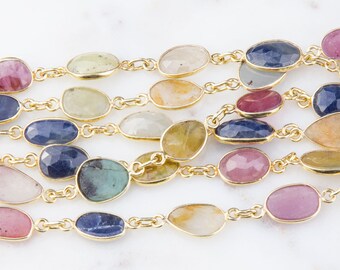 3MM 18K Gold Vermeil Multi-Color Sapphire Gemstone Chain By The Foot – Apatite Mix
