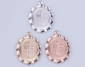3Pcs-Oval Cross Pendant in Gold Filled, Sterling Silver,Rose Gold Filled, Christian Charms, Catholic Charms, Religion Charms, CM214R