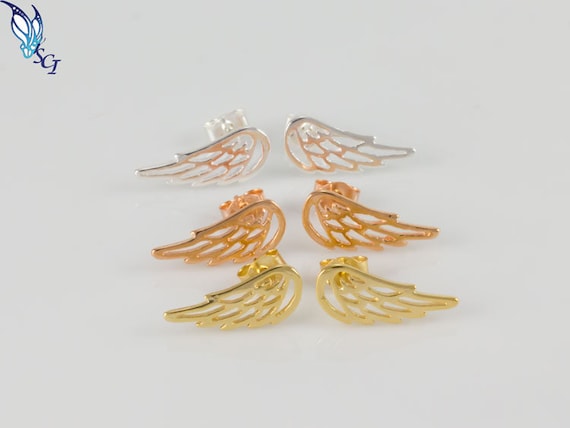 Small Angel Wing Post Stud Earrings Antiqued Sterling Silver Small Angel Wing Post Stud Earrings Antiqued Sterling Silver