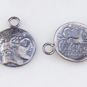 15mm Roman, Greek Medallion Coin Charm in Oxidized Sterling Silver, Medallion Pendant, Ancient Roman, Greek Coin Charms, VC11