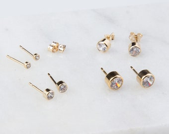 Cubic Zirconia 14K Gold Filled Earring Component, Jewelry Making Supplies, 3mm and 4mm Gold Studs.1st ,2nd,3rd hole earring Simple, GFER229