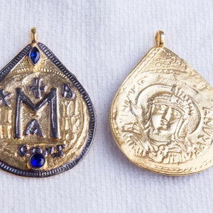 Roman/Greek Heavy Gold Plated Teardrop Pendant with CZ,Gold Coin Pendant, Thick, Heavy Roman/Greek Coin Charm Pendant, Large Gold Coin VC71
