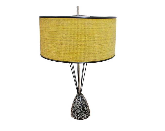 Mid-Century Modern Lamp Caged Wire Base Drum Shade Painted Table Lamp, Vintage Lamp