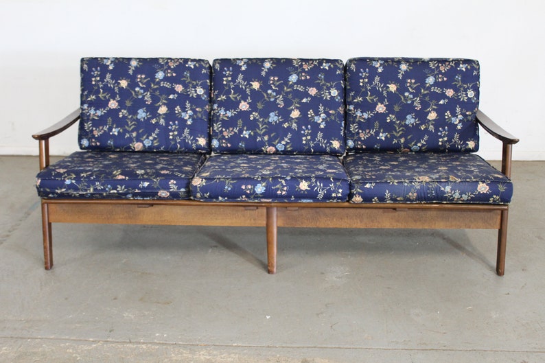 Mid-Century Modern 3 Cushion Open Arm Walnut Sofa image 2