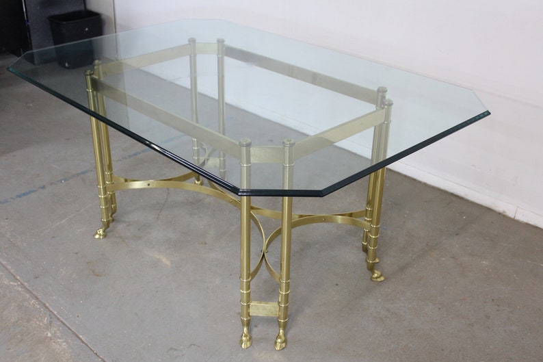 Vintage Brass and Glass Jansen Regency Style Hoof Foot Dining Table image 3