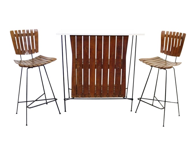 Mid-Century Bar by Arthur Umanoff 3-Piece Slat style & Pair of Stools