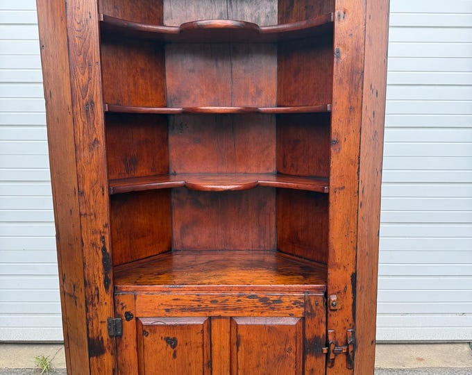 Antique Colonial Wormwood Pine Corner Cabinet Circa Early 1800's
