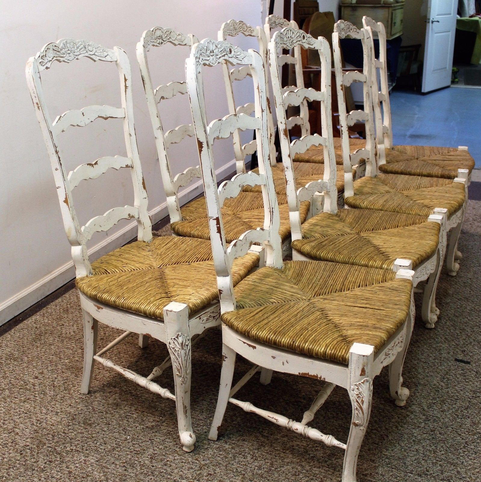 Set Of 6 Antique French Country Carved Oak Ladder Back Dining Chair Rush Seat