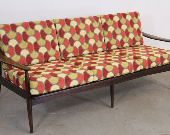 Mid-Century Modern Groovy Geometric 3 Cushion Open Arm Walnut sofa