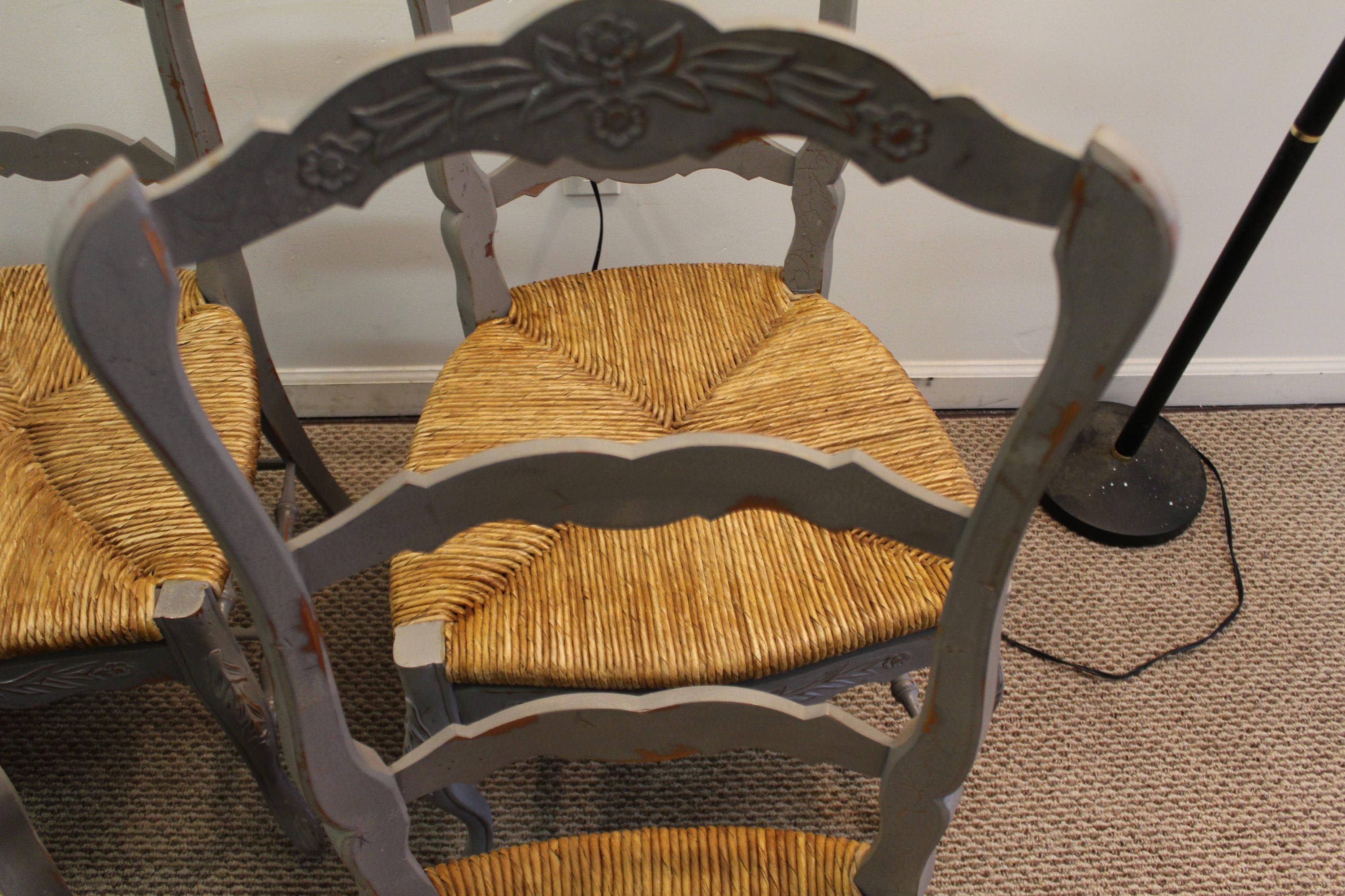 French Country Dining Chairs Carved 3Rung LadderBack Rush Seat Gray