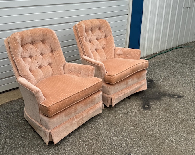 Pair of Mid-Century Modern Regency Velvet Tufted Back Swivel Club Chairs