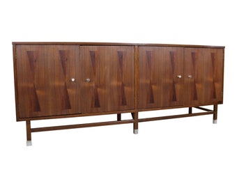 Mid-Century Danish Modern 4-Door Parquet Walnut Bow Tie Credenza Sideboard by Stanley