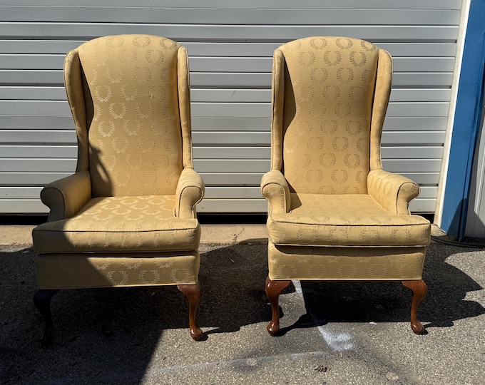 Pair of Vintage Fireside Elongated Wingback Chairs