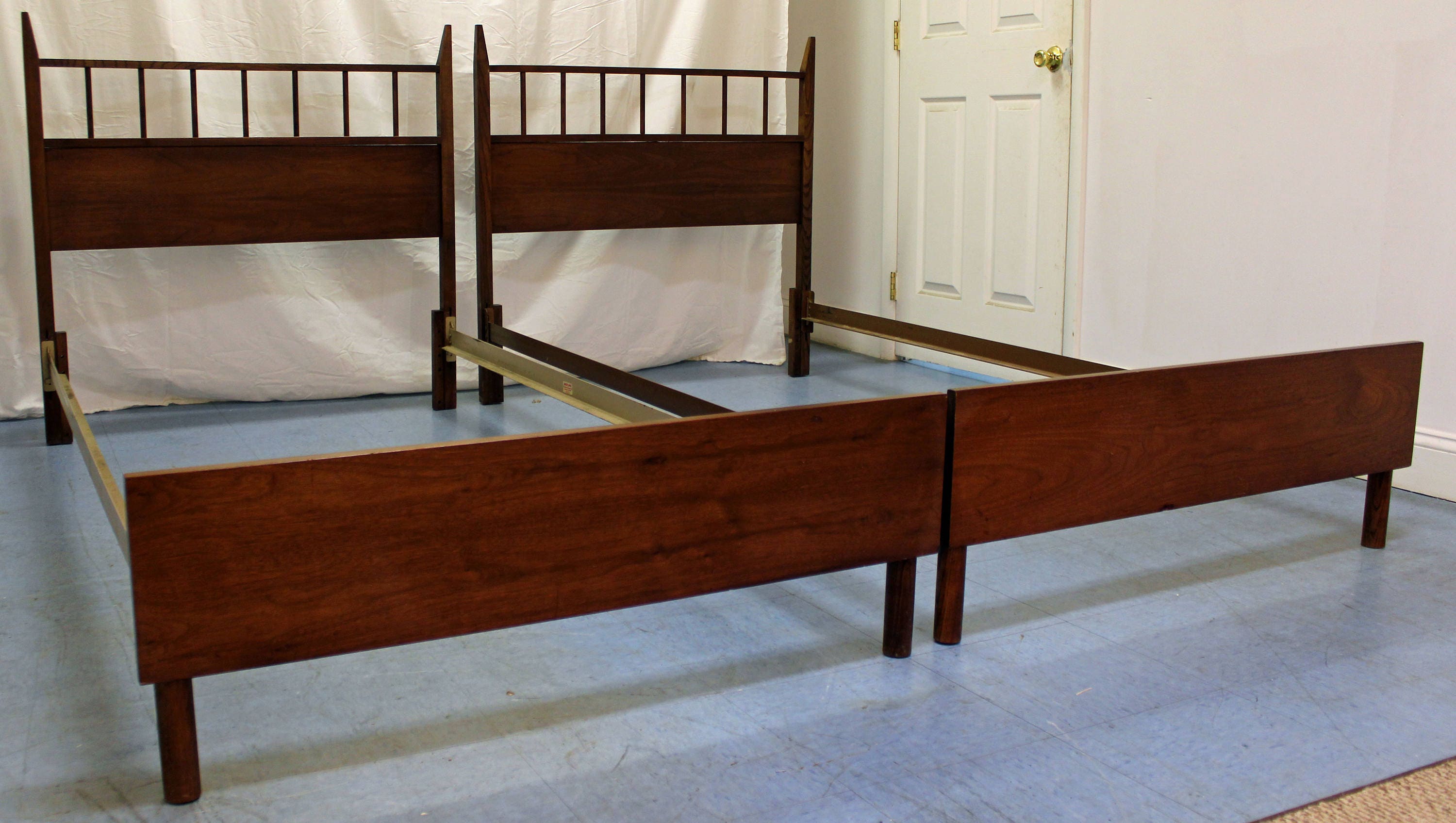 Pair of MidCentury Danish Modern Walnut Spindle Twin Size Bed Frames