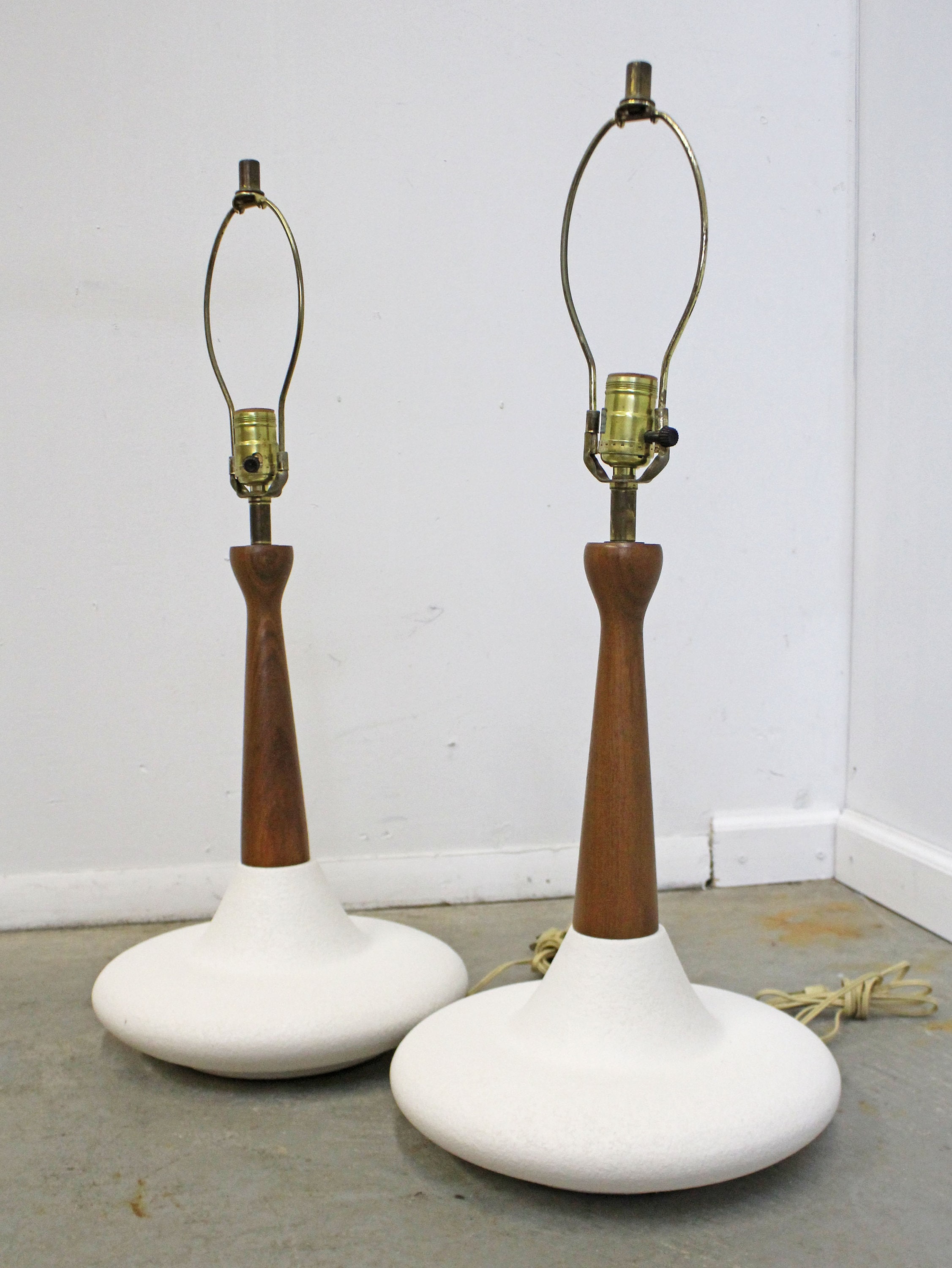 Pair of MidCentury Danish Modern Atomic Walnut Pottery Table Lamps