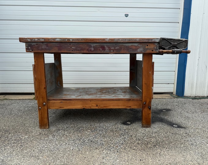 Vintage/Antique Industrial Primitive Kitchen Island/Workbench Table, Circa 1940s