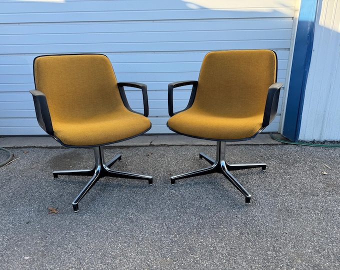 Pair of Mid-Century Modern Atomic Yellow Chrome Open Arm Chairs
