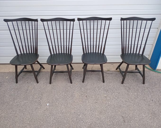 Set of 4 Distressed Black High Back Farm/Country Style Windsor Dining Chairs