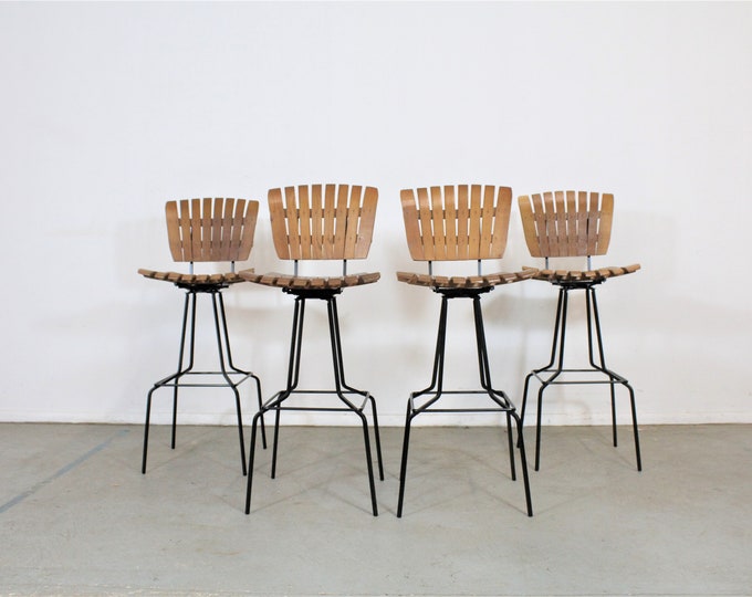 Set of 4 Mid-Century Arthur Umanoff Slat Style Bar Stools