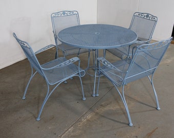 Vintage Woodard Outdoor Iron Table and 4 Chairs in French Blue