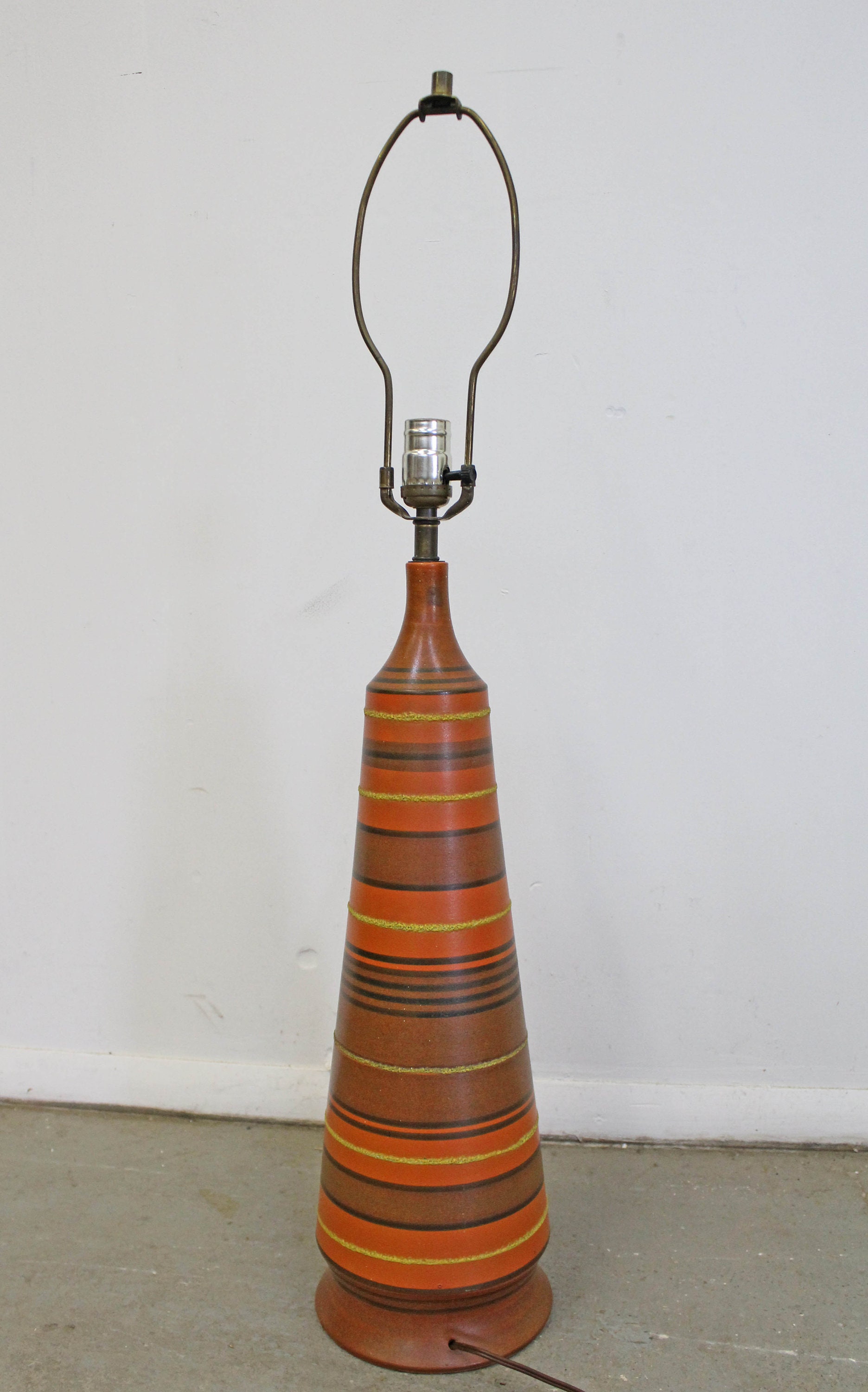 MidCentury Modern Italian Tall Ceramic Cone Pottery Striped Orange