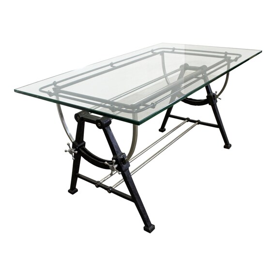 Industrial Modern Desk Cast Iron Glass Top Desk Drafting Etsy