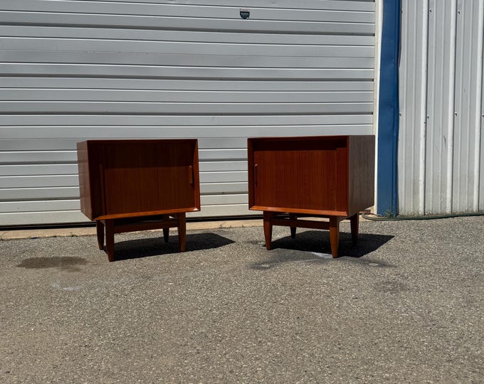Pair of Danish Modern Sven Age Madsen Tambour Door Teak Nightstands