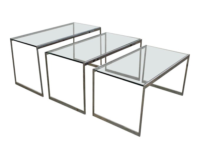 Set of 3 Mid-Century Modern Chrome & Glass Top Nesting Tables/SideTables