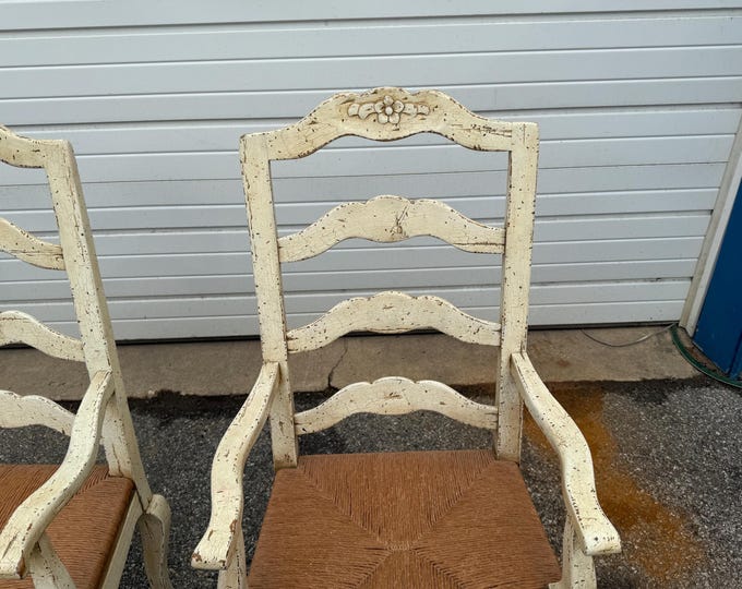 Pair of French Country Antiqued Ladder Back Dining Arm Chairs