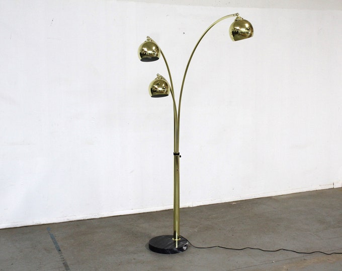 Mid-Century Modern Italian Gold Chrome & Marble Guzzini Style 3-Way Arc Floor Lamp