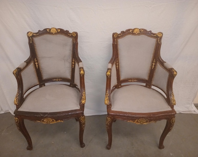 Pair of Louis XVI Matching French Parlor Chairs with Bronze Ormolu