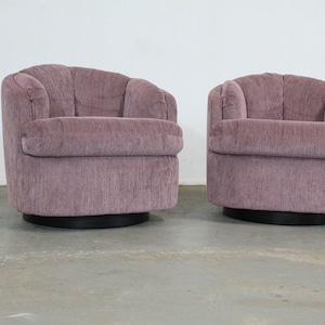 Pair of Mid-Century Modern Milo Baughman Style 360 Swivel Club Chairs on Plinth Bases
