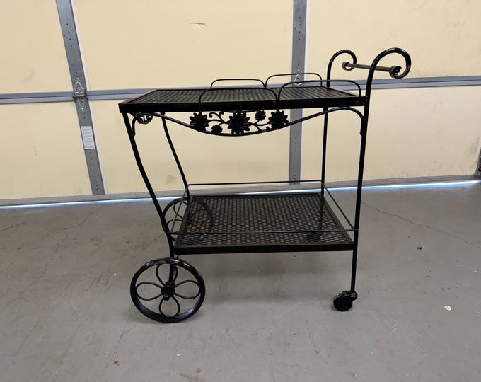 Vintage Mid Century Modern Salterini Style Outdoor Iron Bar Cart on Wheels