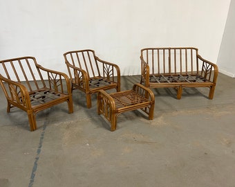 Set of 4 Mid-Century Rattan Dining Chairs with Rollers