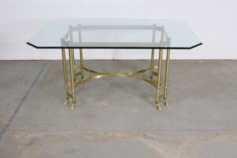 Vintage Brass and Glass Jansen Regency Style Hoof Foot Dining Table image 2