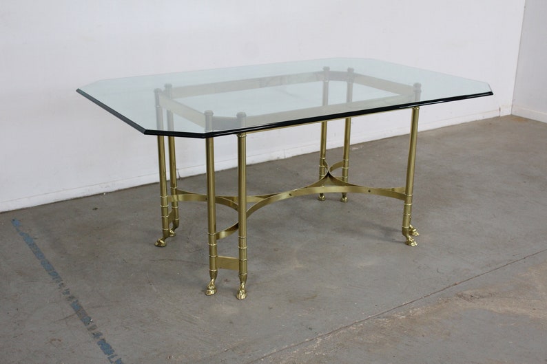 Vintage Brass and Glass Jansen Regency Style Hoof Foot Dining Table image 1